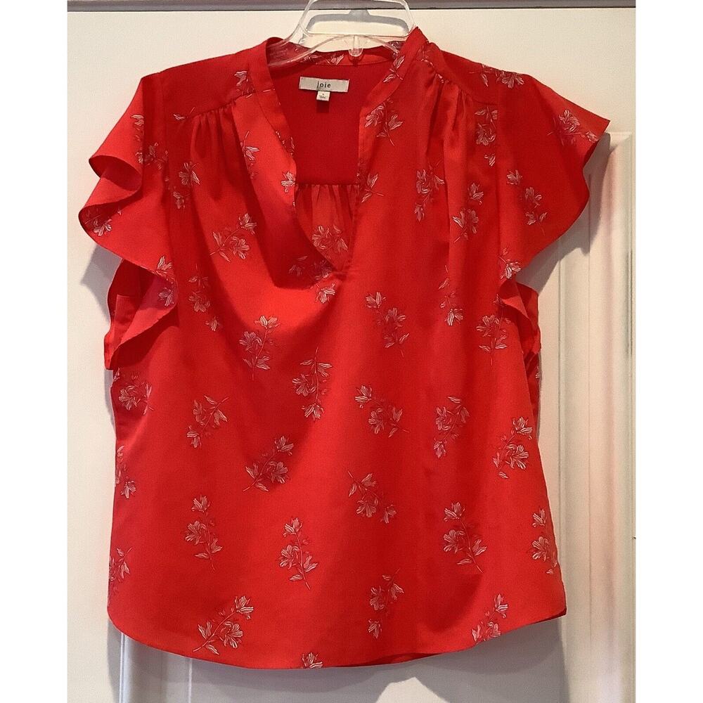 Joie Blouse Size Small Poppy Red Marlene Floral Flutter Sleeves